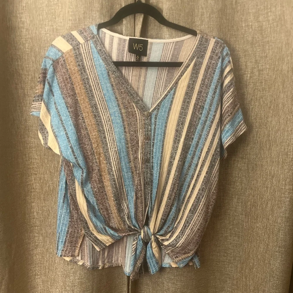 W5 Anthropologie Sample - Women's Striped V-Neck Top - Blue and Brown - Picture 4 of 5